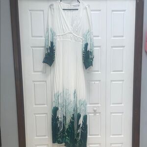Chicways White Maxi Dress with Green Leaf Design
